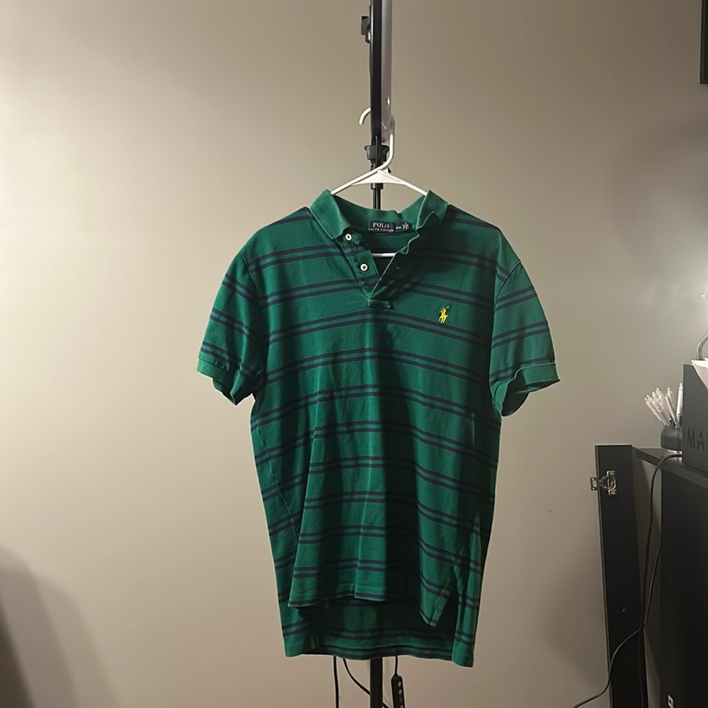 Green with blue stripes Ralph Lauren Polo Medium - Slight hole near the buttons